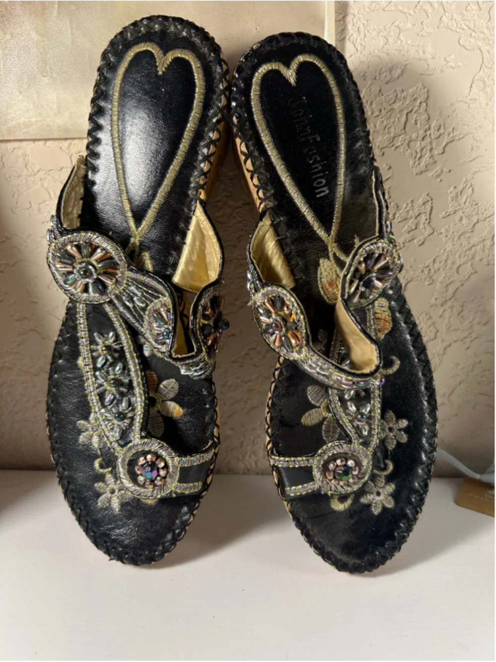 Women's Unbranded Beaded Cork Wedge Sandals Black and Gold